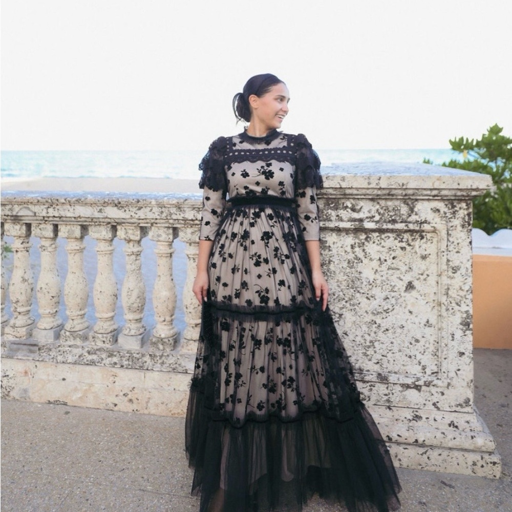 Dainty Jewells Black Floral Lace Overlay Maxi Dress with Nude Tag is - Picture 3 of 4